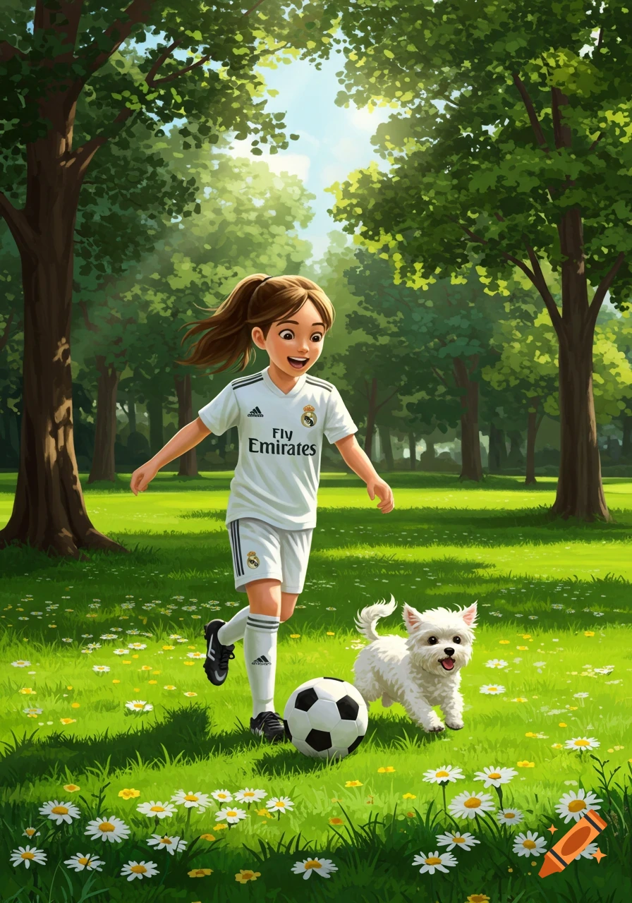 A cheerful girl in a white soccer uniform kicks a ball with a fluffy white dog in a sunny park filled with trees and daisies, illustration.