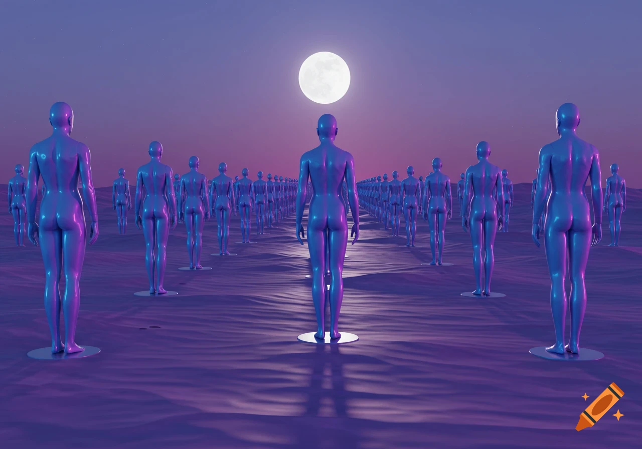 Rows of shiny, blue-purple stylized human figures stand on a wavy landscape under a large full moon in a twilight sky.