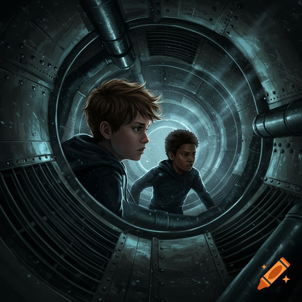 A detailed illustration shows two young boys, one white, one black, cautiously crawling through a dark, ominous, circular vent system.