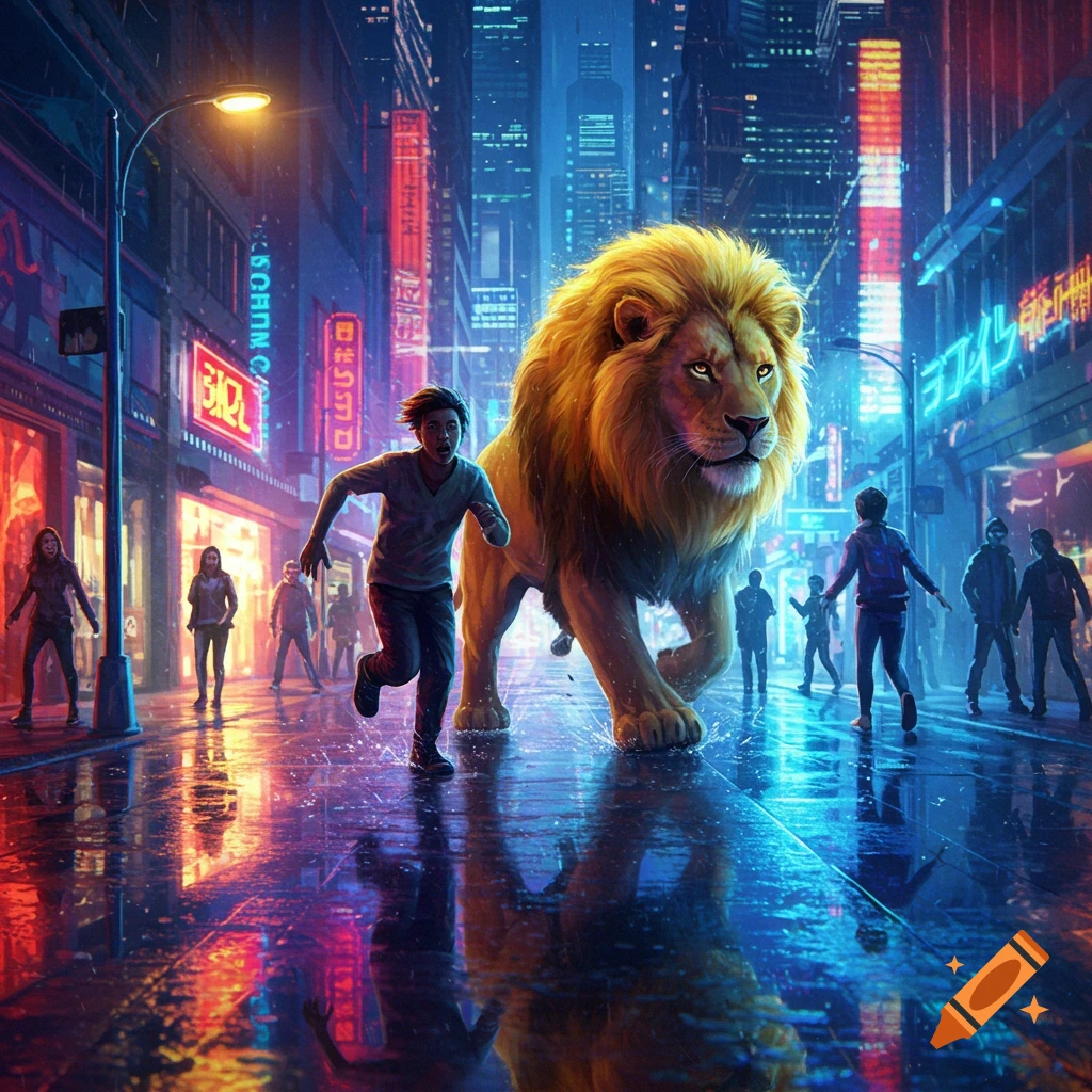 A person runs from a large lion on a wet street in a vibrant, neon-lit cyberpunk city at night.