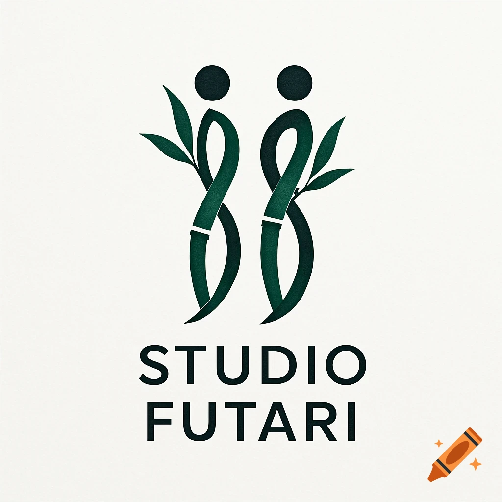 A logo with two stylized dark green bamboo-like figures holding leaves, above the words STUDIO FUTARI in black text on a white background.
