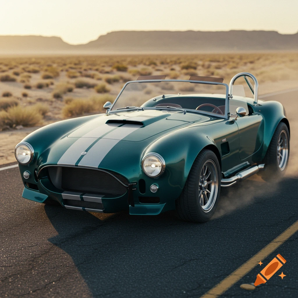 A sleek, dark green classic roadster with white racing stripes drives on a desert road at sunset, stirring up dust.