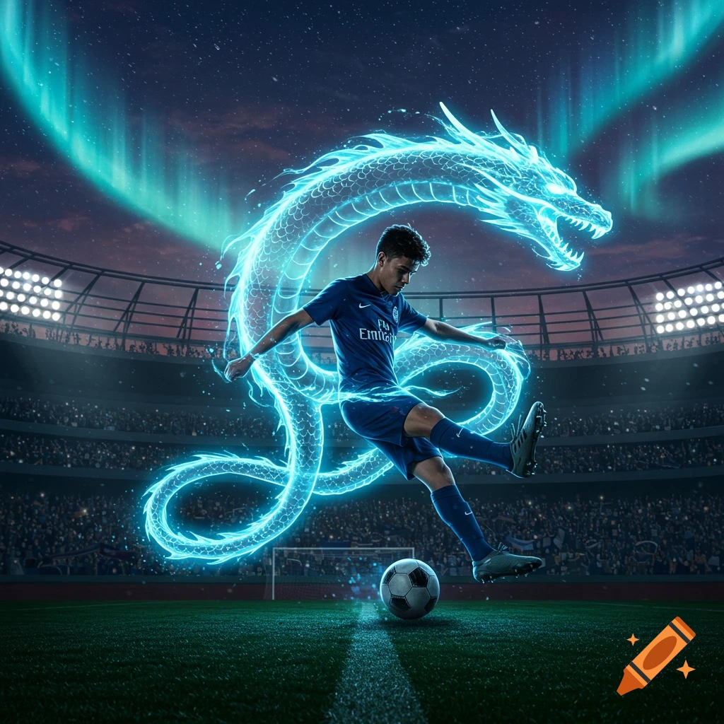 A young soccer player in a blue uniform kicks a ball in a stadium, surrounded by a glowing blue dragon and aurora-like energy. Dynamic digital art.