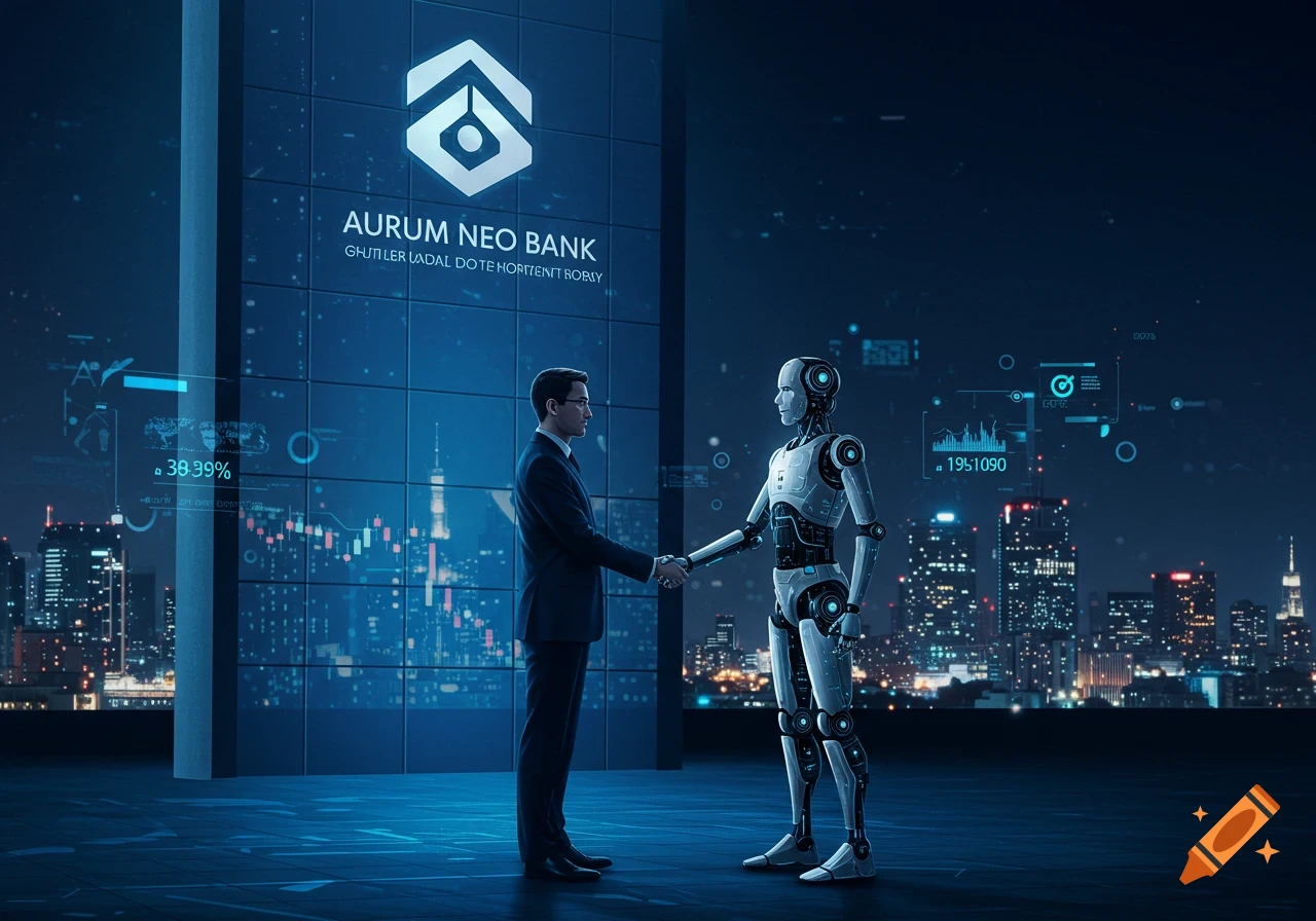 A man and a humanoid robot shake hands in front of a modern "Aurum Neo Bank" building with digital overlays, set against a futuristic city night sky.