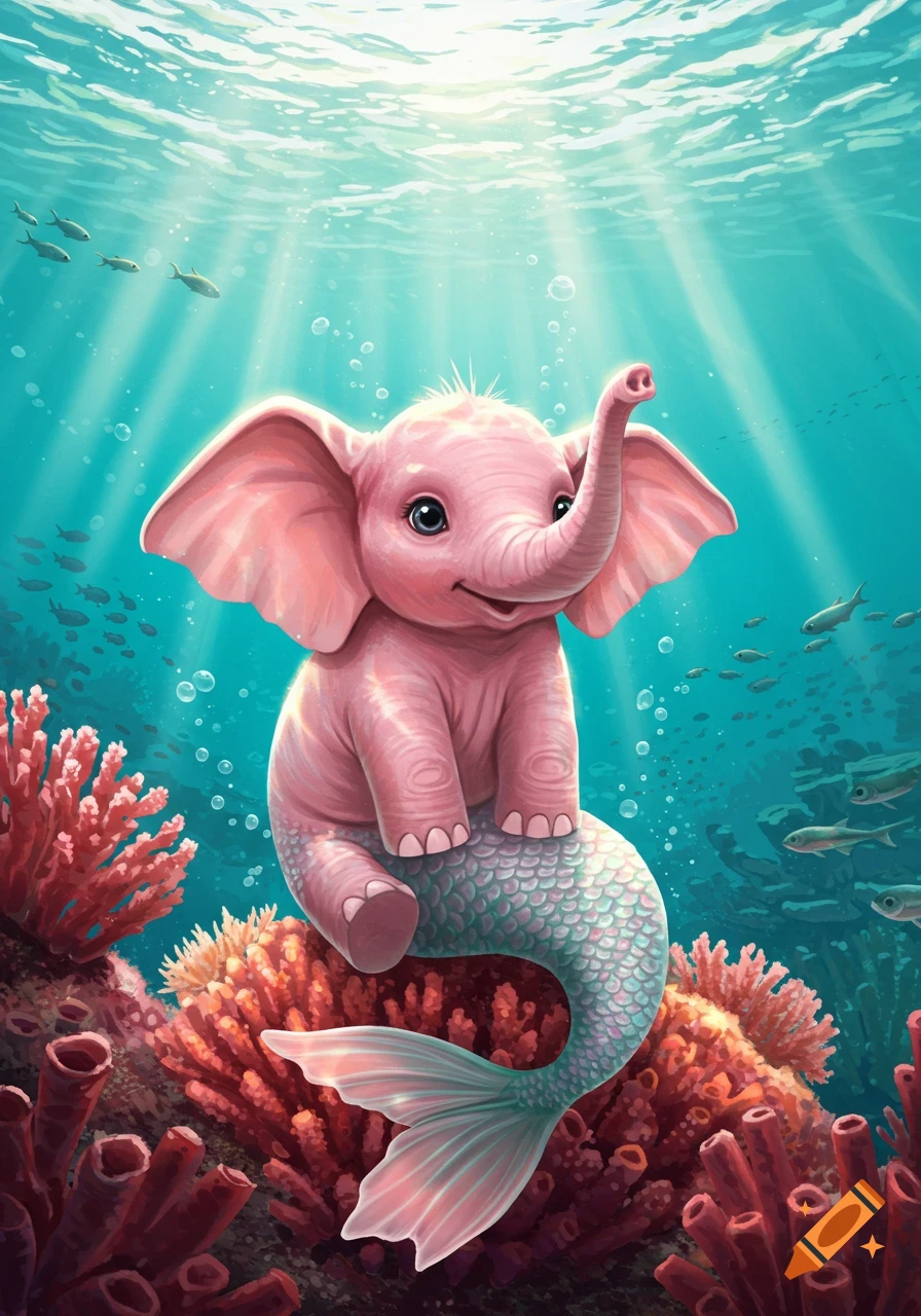 A cute pink elephant mermaid sits on red coral underwater with fish and sunlight.