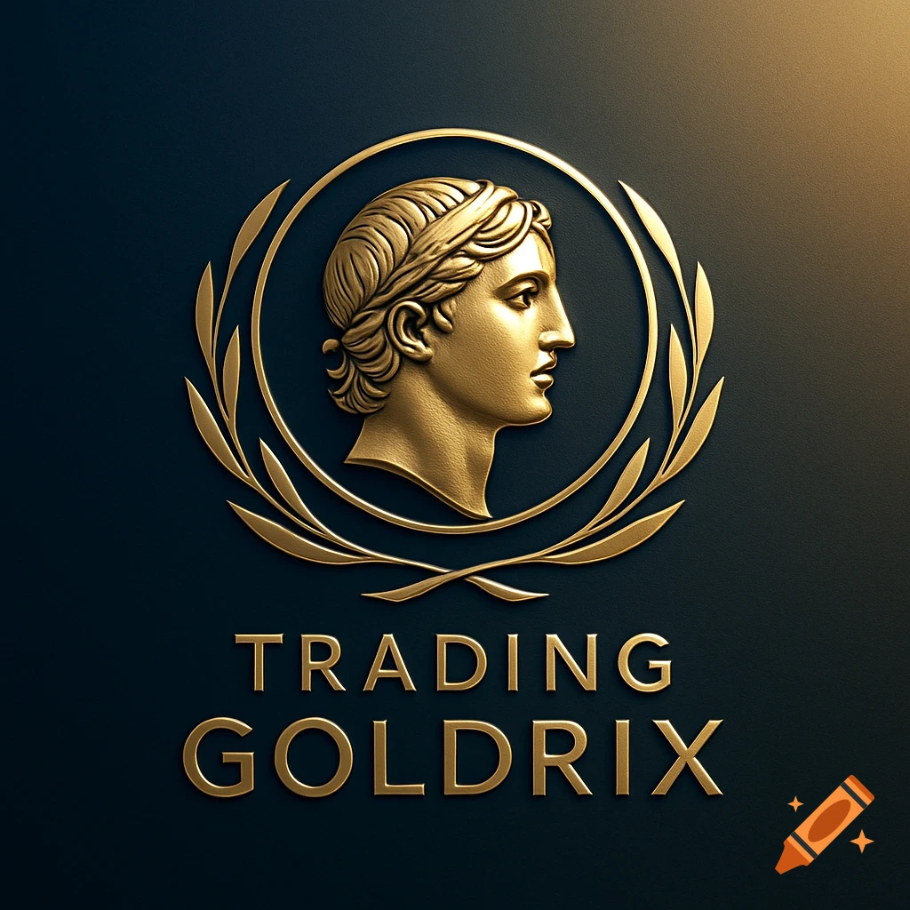 Golden logo with a classical bust in profile, laurel wreath, and "TRADING GOLDRIX" text on a dark blue background.