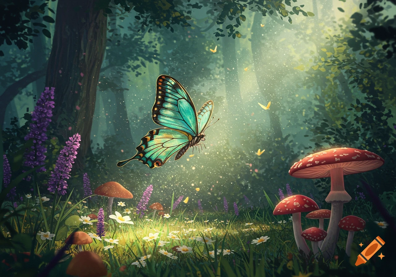 A vibrant turquoise butterfly flies in a magical, sun-dappled forest with mushrooms and wildflowers, in a whimsical art style.