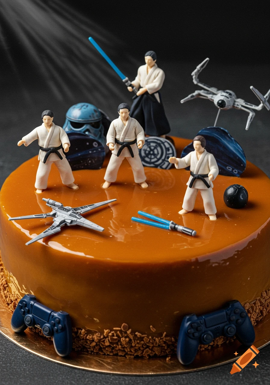 A caramel cake decorated with Aikido figures, Star Wars ships and characters, and PlayStation controllers.