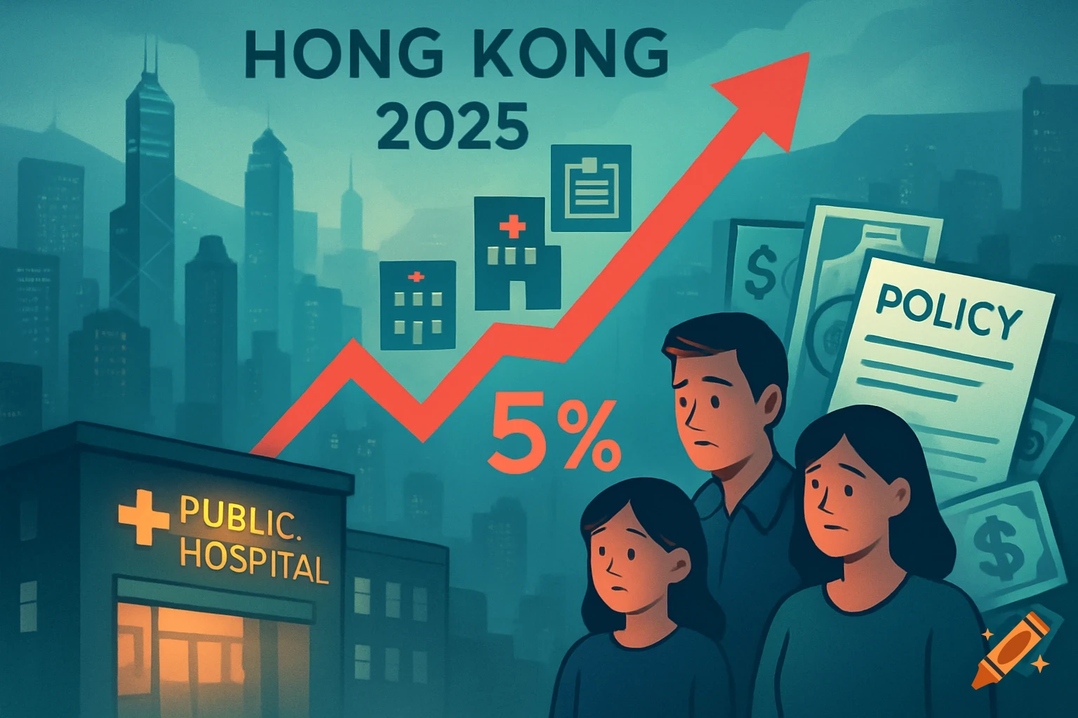 Illustration of Hong Kong 2025 medical inflation, showing a hospital, city skyline, worried family, policy document, money, and a 5% cost increase arrow.