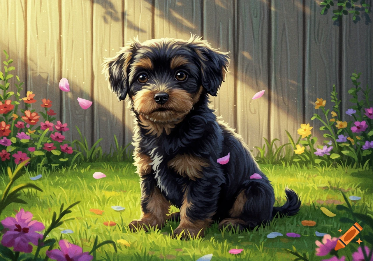 A small black and brown puppy sits in a grassy garden with colorful flowers and falling pink petals, in an illustrated style.