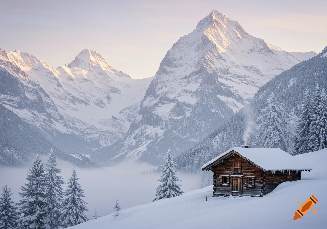 A rustic wooden cabin nestled on a snowy slope with snow-covered pine trees and majestic mountains under a soft, glowing sky.