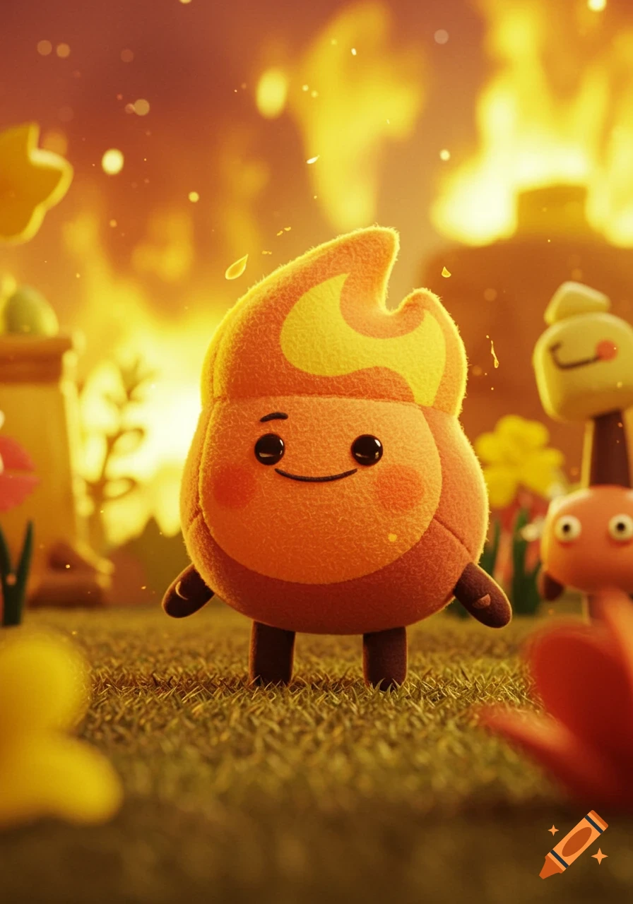 A cute, smiling, plush-like cartoon character with an orange, flame-shaped head and rosy cheeks stands on grassy ground. Stylized fire glows in the warm, blurry background.