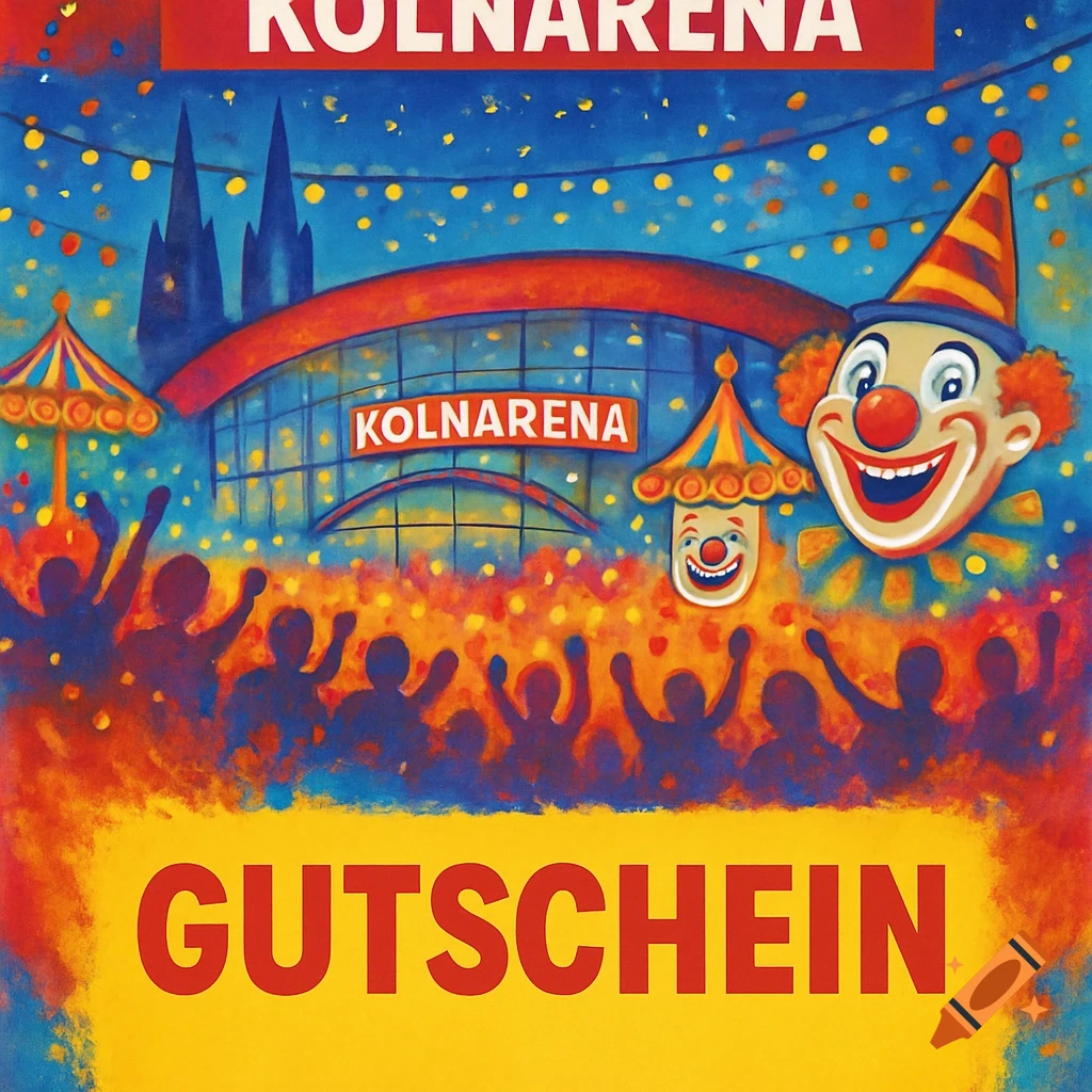 A vibrant, colorful illustration of a festive crowd in front of the Kolnarena, featuring large clown faces and prominent 'GUTSCHEIN' text.