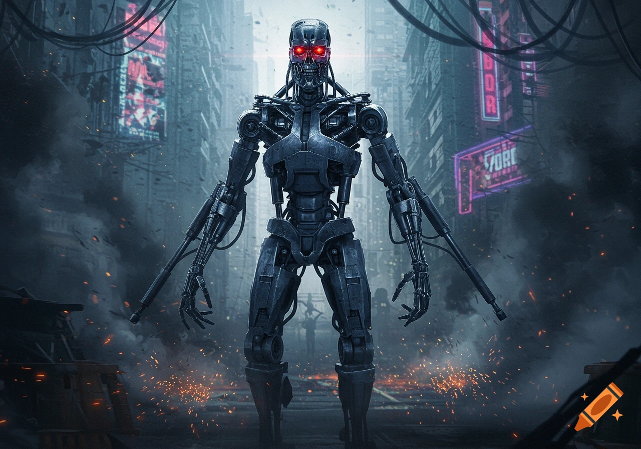 A photorealistic, detailed Terminator-like robot with glowing red eyes stands in a smoky, dystopian city street with neon signs.