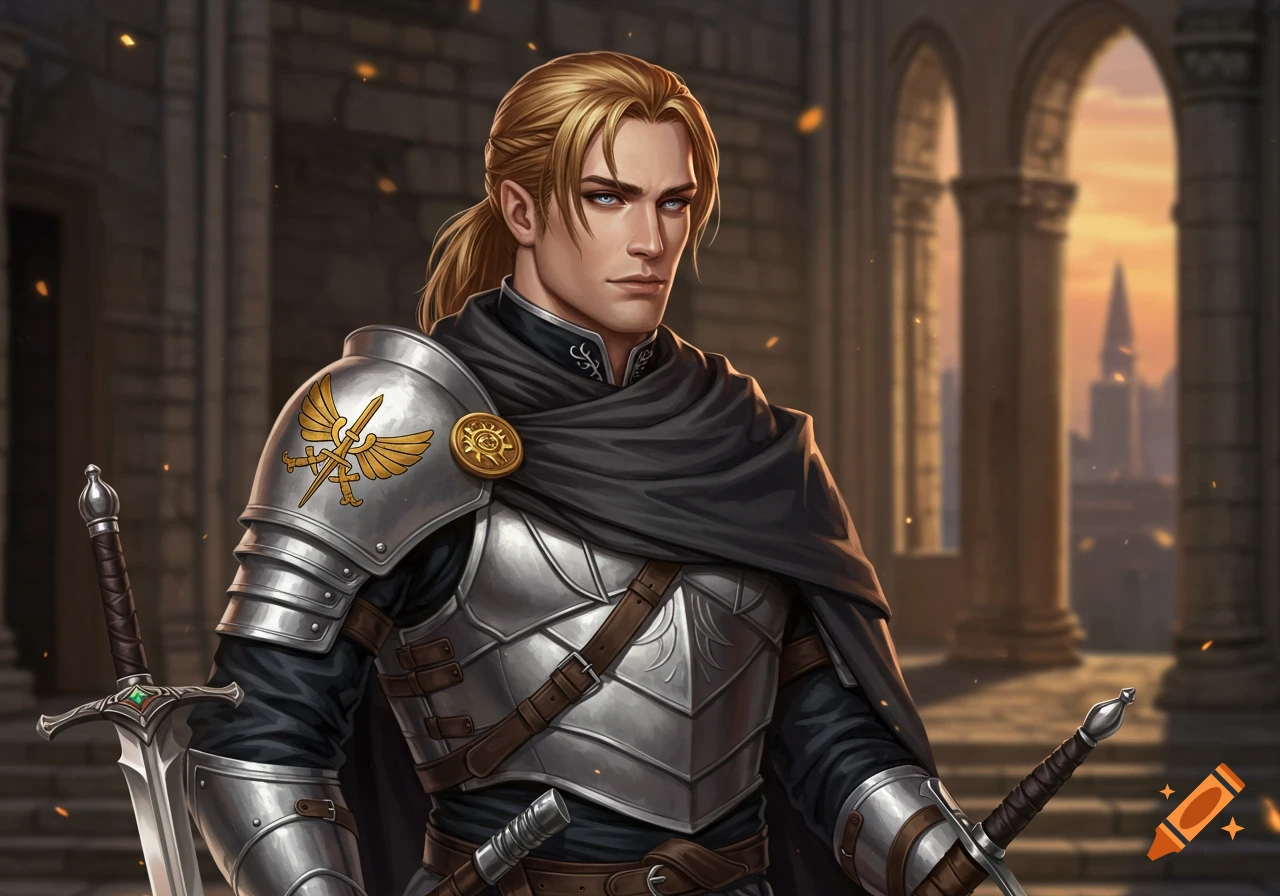 Handsome blond man in silver armor and a black cape, holding swords, stands before stone arches with a sunset city in the background.