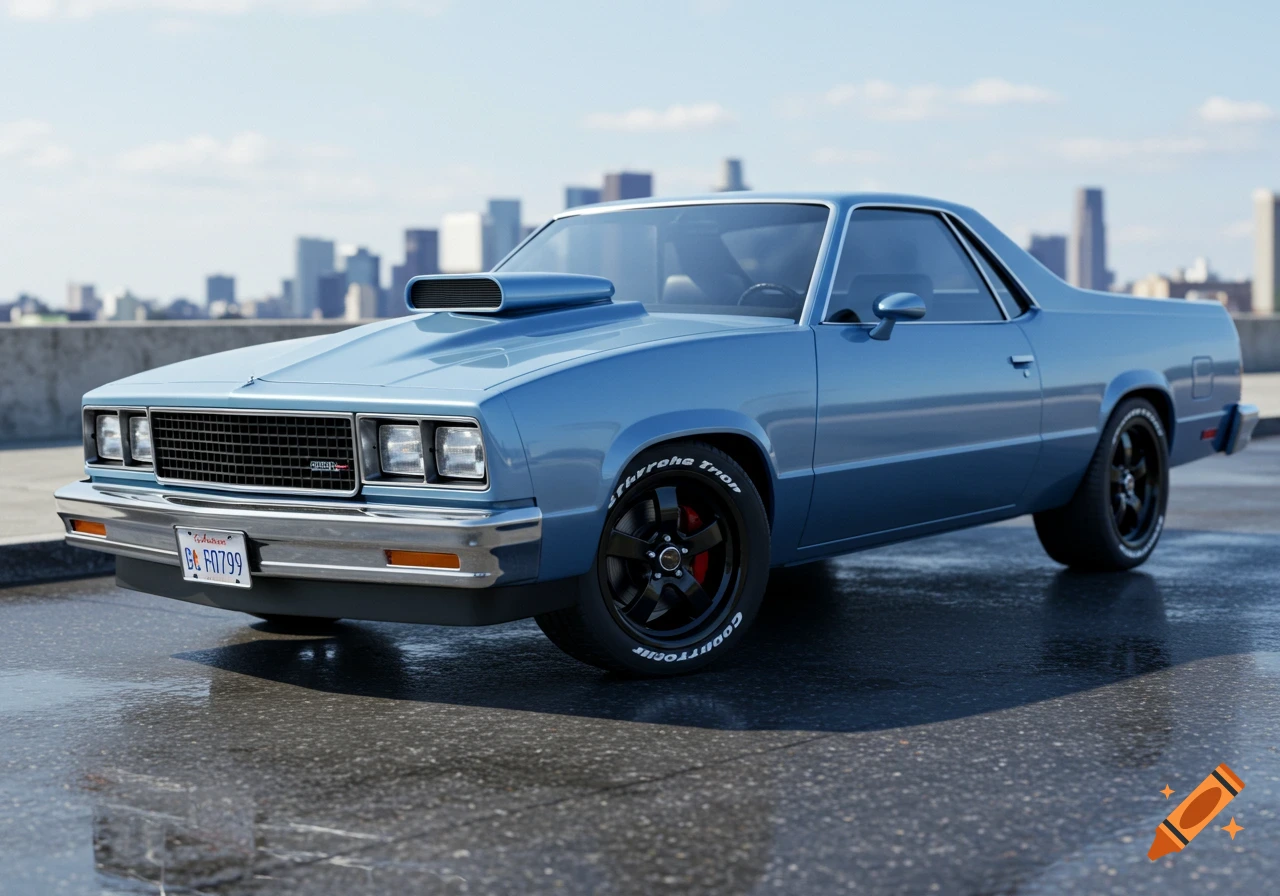 Light blue 1983 Chevy El Camino with a cowl hood and black wheels on wet asphalt, city skyline in background, photorealistic.