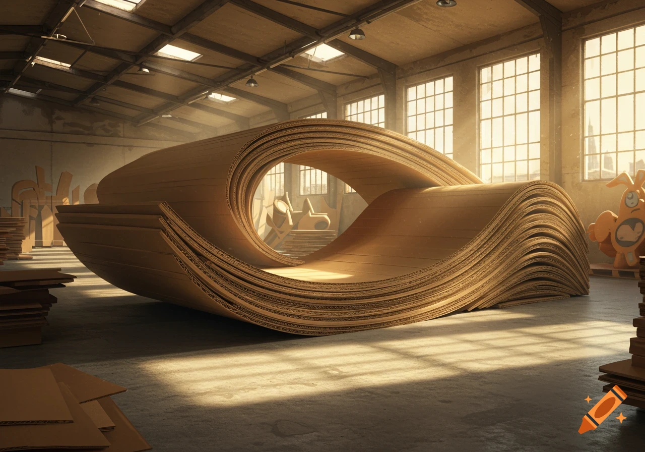 A large, wavy structure made of corrugated cardboard, resembling a ramp, sits in a sunlit industrial warehouse.