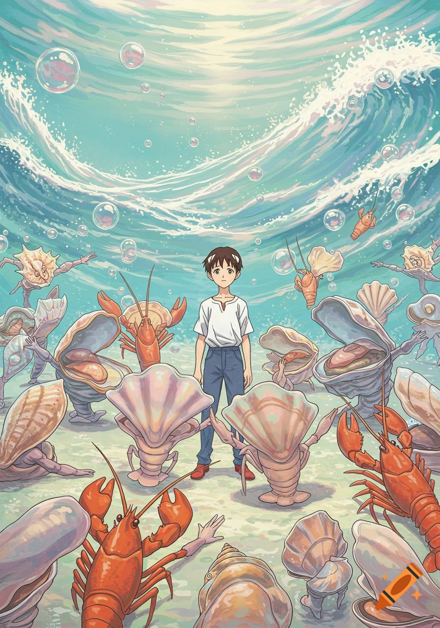 An anime illustration of a boy standing underwater, surrounded by anthropomorphic lobsters and clams, with waves and bubbles above.