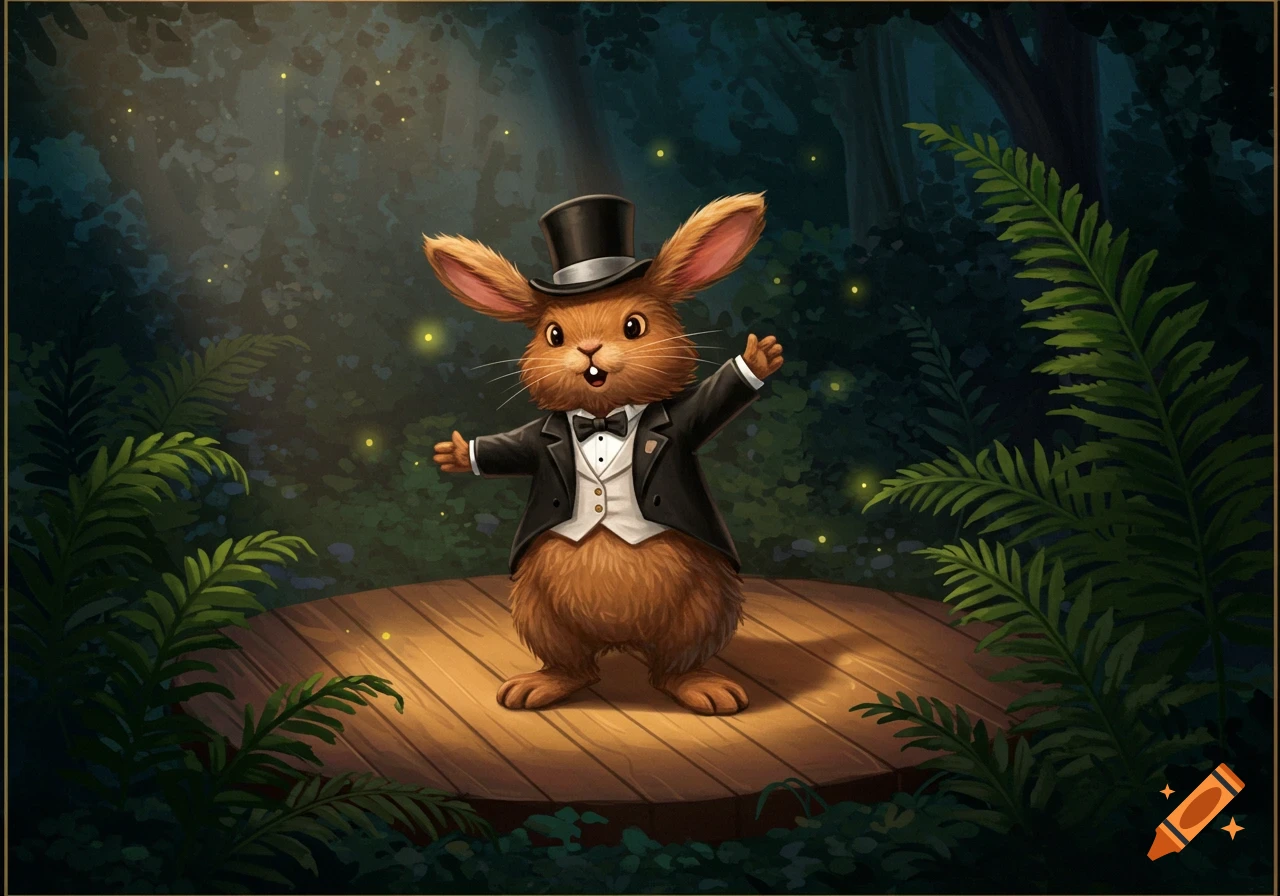 A whimsical illustration of a brown rabbit wearing a tuxedo and top hat, performing on a wooden stage in a dark, magical forest.