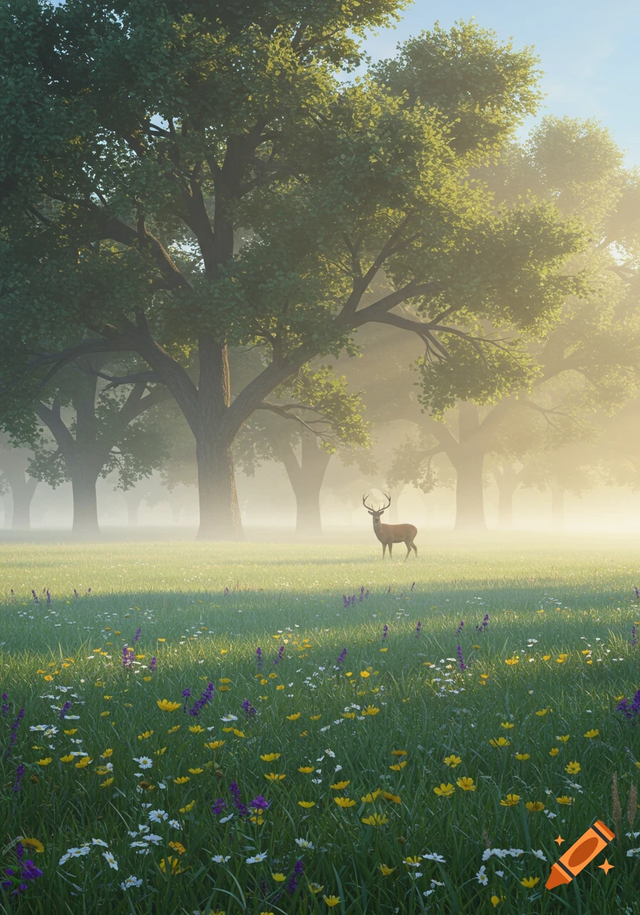 A majestic deer stands in a misty, sunlit clearing within a lush forest, surrounded by tall trees and a field of wildflowers.