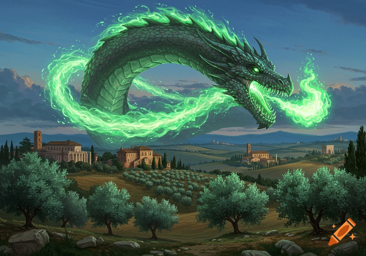 A large, dark green dragon with glowing green flames around its body and breathing green fire flies over an Italian countryside.
