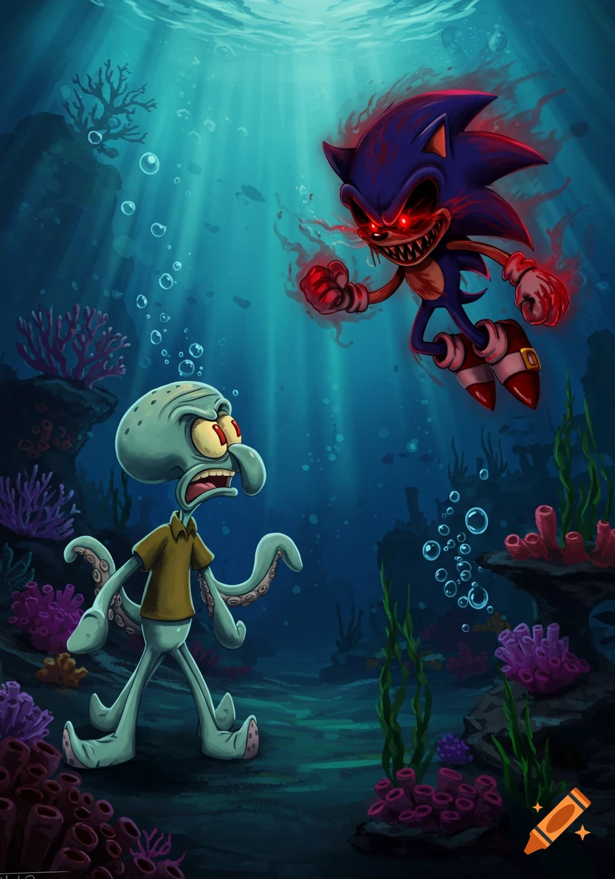 An evil, sharp-toothed Sonic with glowing red eyes and dark aura confronts a terrified Squidward underwater.
