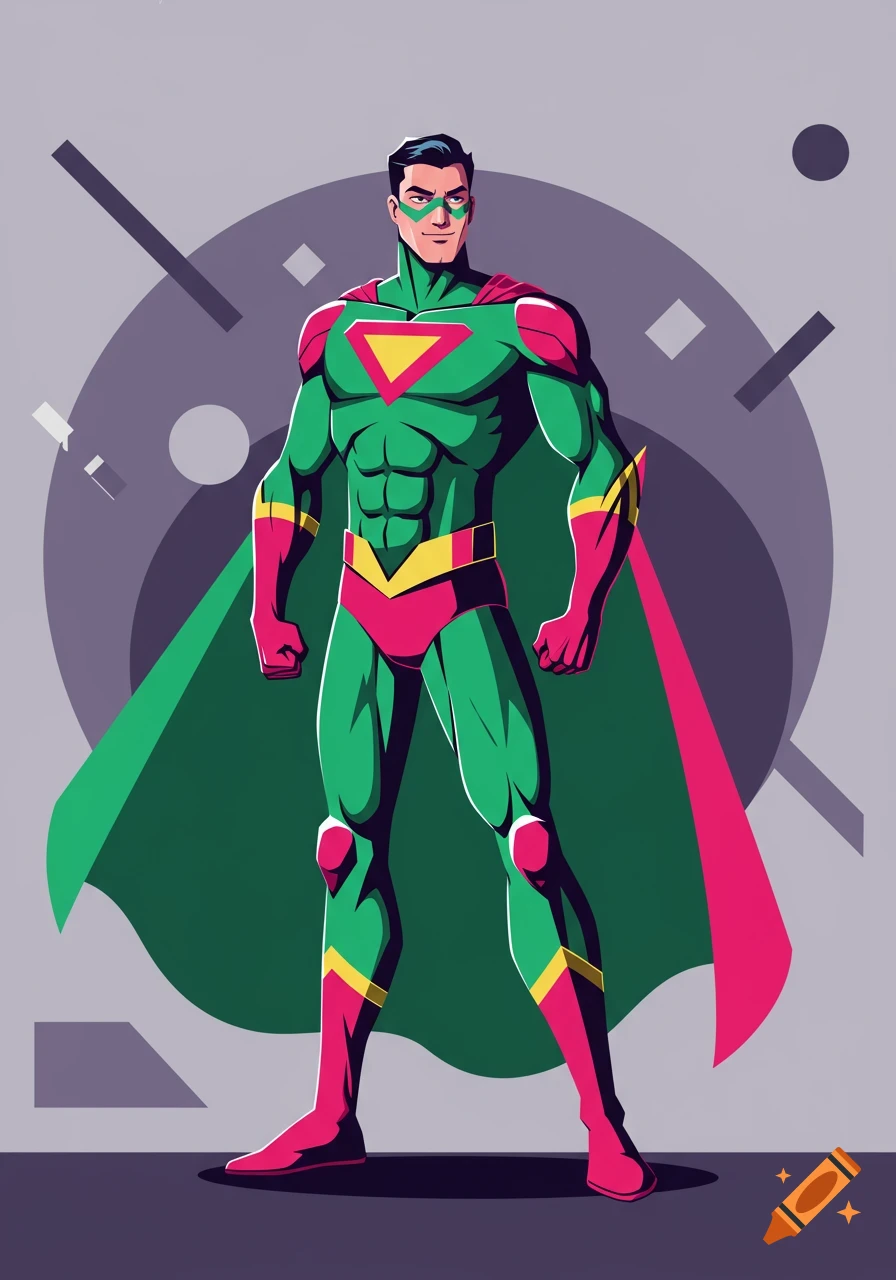 A muscular male superhero in a green and pink suit with a matching cape stands heroically against a grey and purple geometric background.