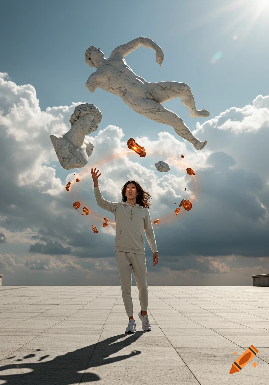 A young man in athletic wear stands on a tiled surface, levitating marble statues and glowing debris in a circle around him under a cloudy sky.
