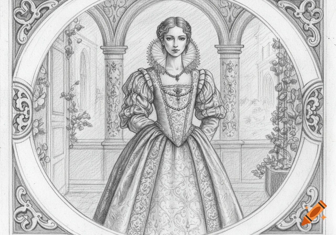 Detailed pencil drawing of a woman in an elaborate Renaissance dress with a ruff collar, set within an ornate oval frame.