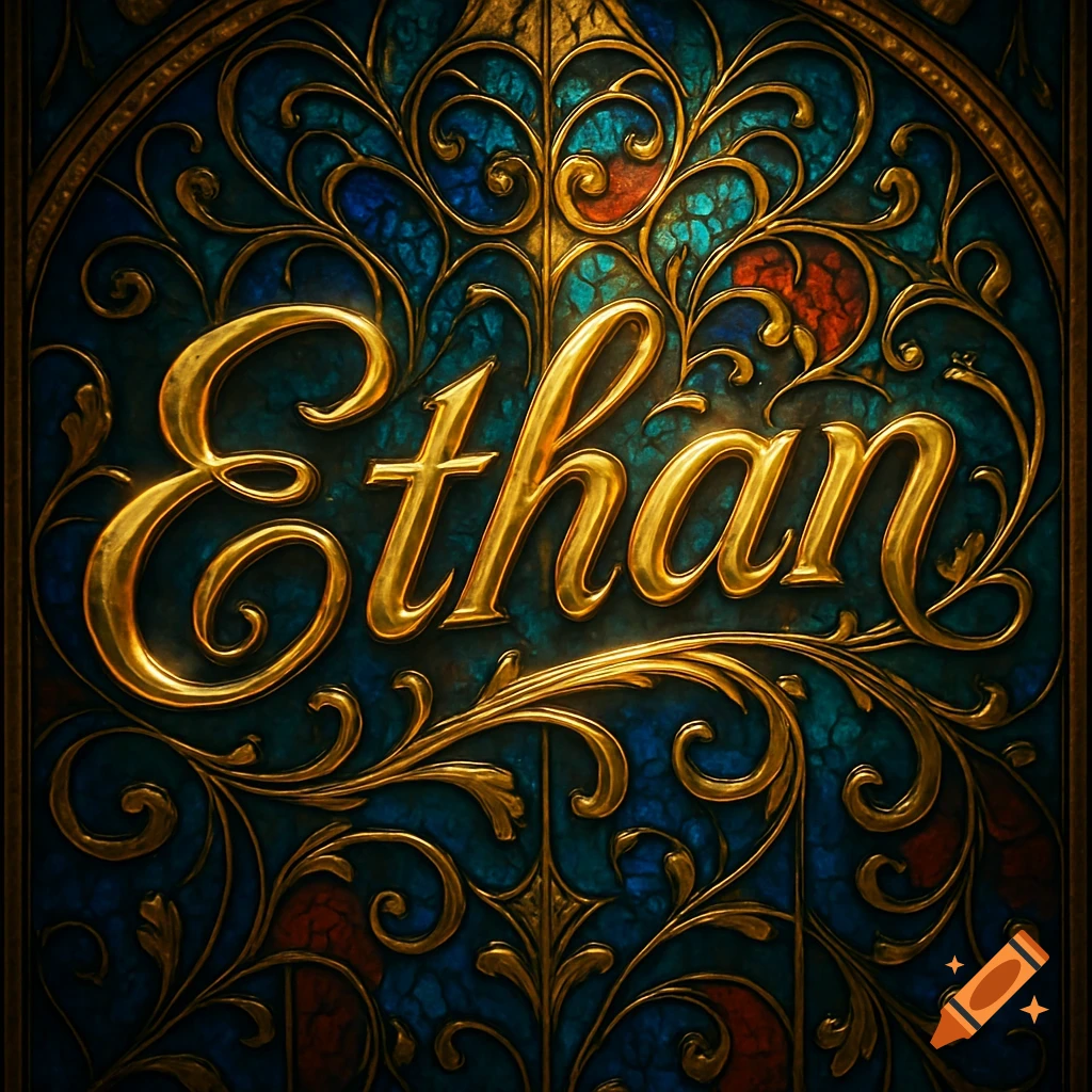 Golden ornate cursive script spells 'Ethan' against a vibrant stained-glass background with teal, blue, and red hues.