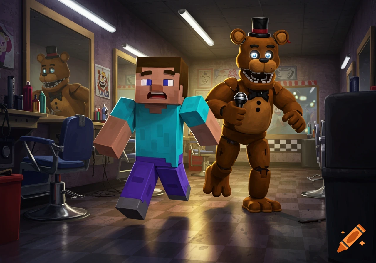 Steve from Minecraft runs away from Freddy Fazbear, holding a microphone, in a barbershop.