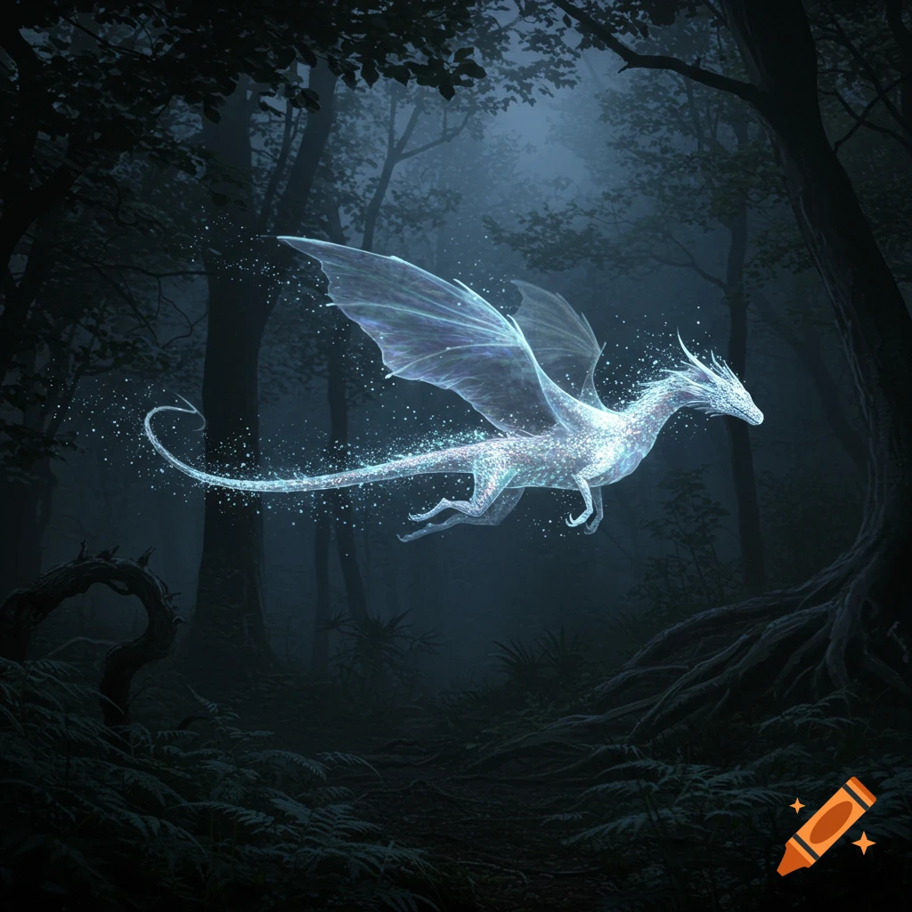 A glowing, ethereal dragon made of light particles flies through a dark, misty forest at night.