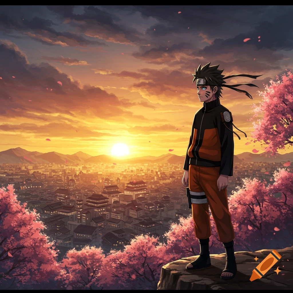 Anime illustration of Naruto Uzumaki on a cliff overlooking a city at sunset, surrounded by pink cherry blossoms.