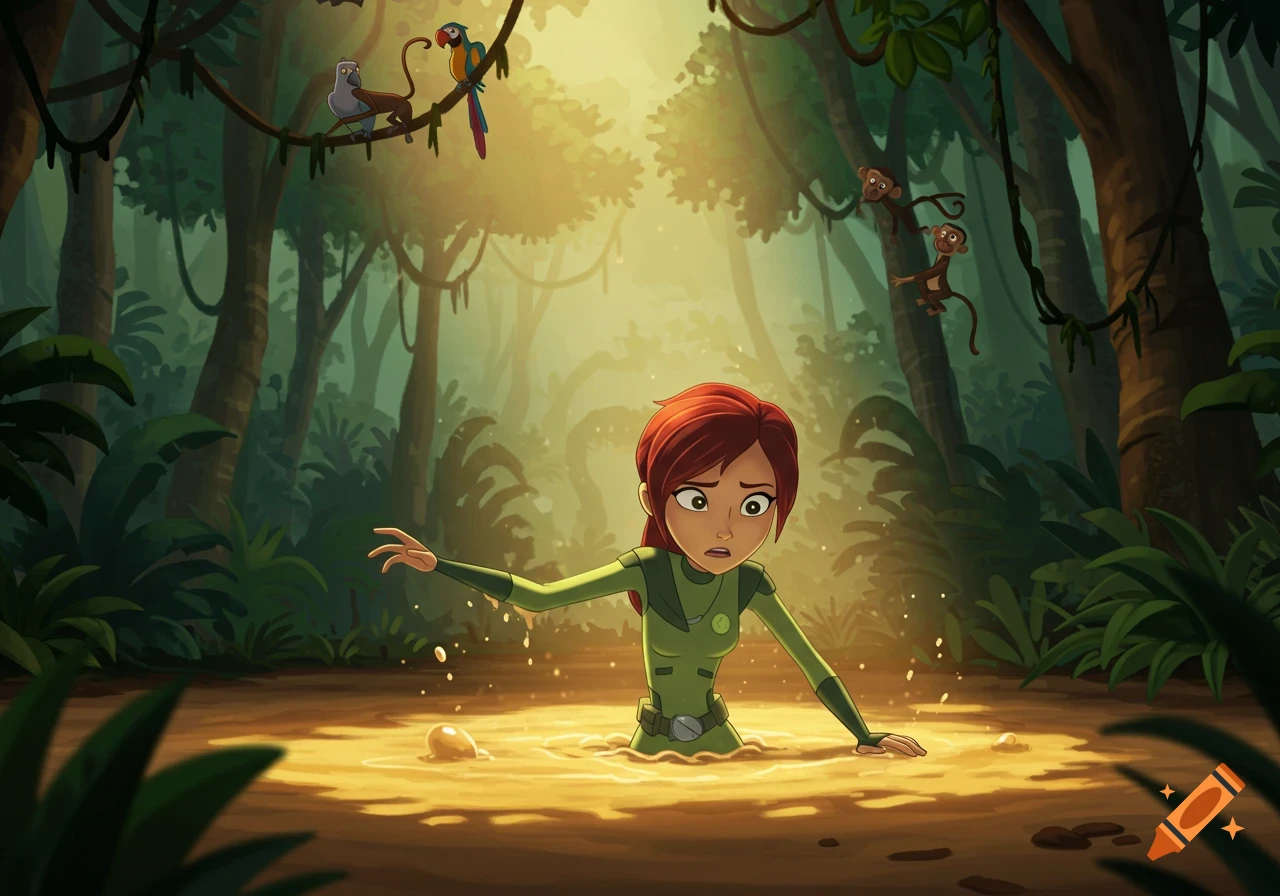 Cartoon character Aviva from Wild Kratts sinking in quicksand in a lush jungle with monkeys and a parrot.