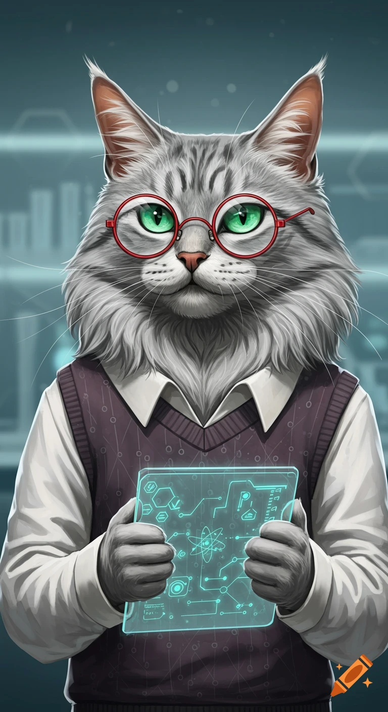 An elegant silver-gray Maine Coon cat in red glasses and a vest holds a glowing transparent tablet with scientific symbols. Webtoon style.