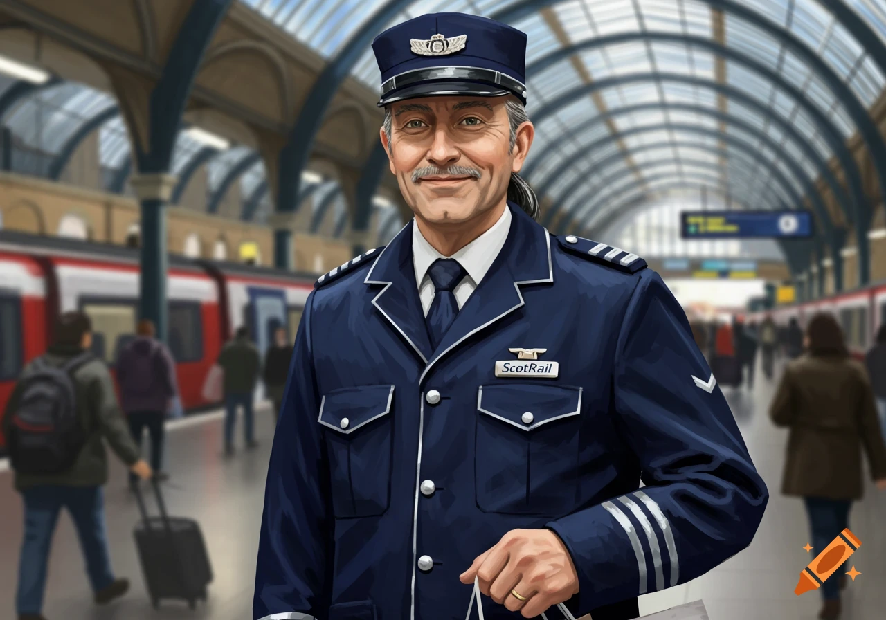 A smiling ScotRail conductor with a mustache and ponytail, wearing a blue uniform, stands in a bustling train station. Illustrative style.