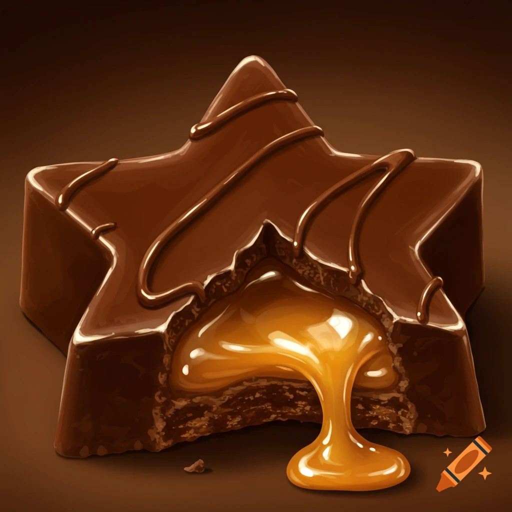 A star-shaped chocolate bar with a bite revealing gooey caramel dripping onto a brown surface.