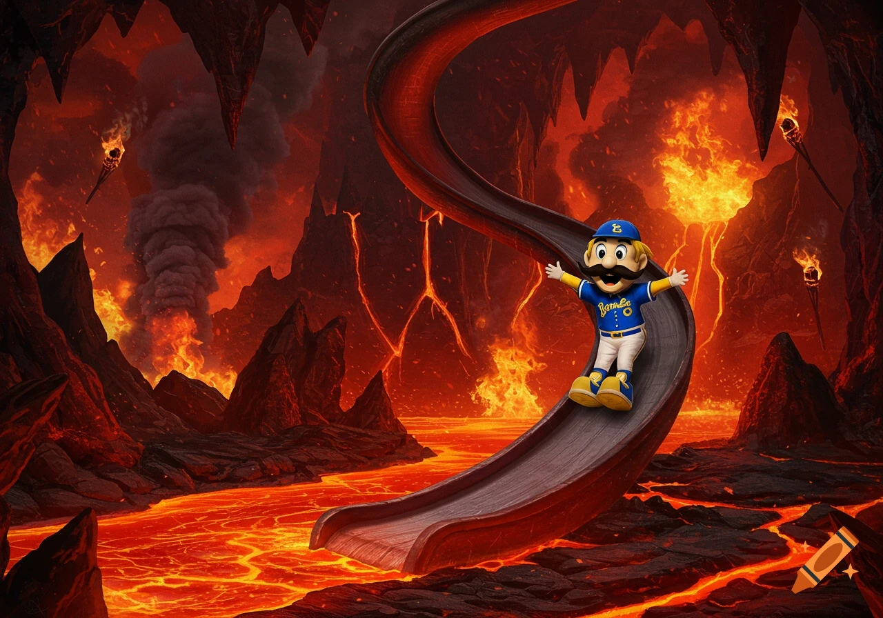A cartoon mascot with a mustache and a baseball uniform slides down a dark chute into a fiery hellscape with lava rivers and volcanic smoke.