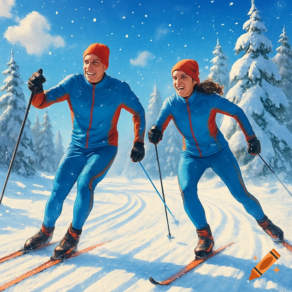 Two smiling people in blue and orange ski suits cross-country ski down a snowy trail in a winter forest, digital painting.