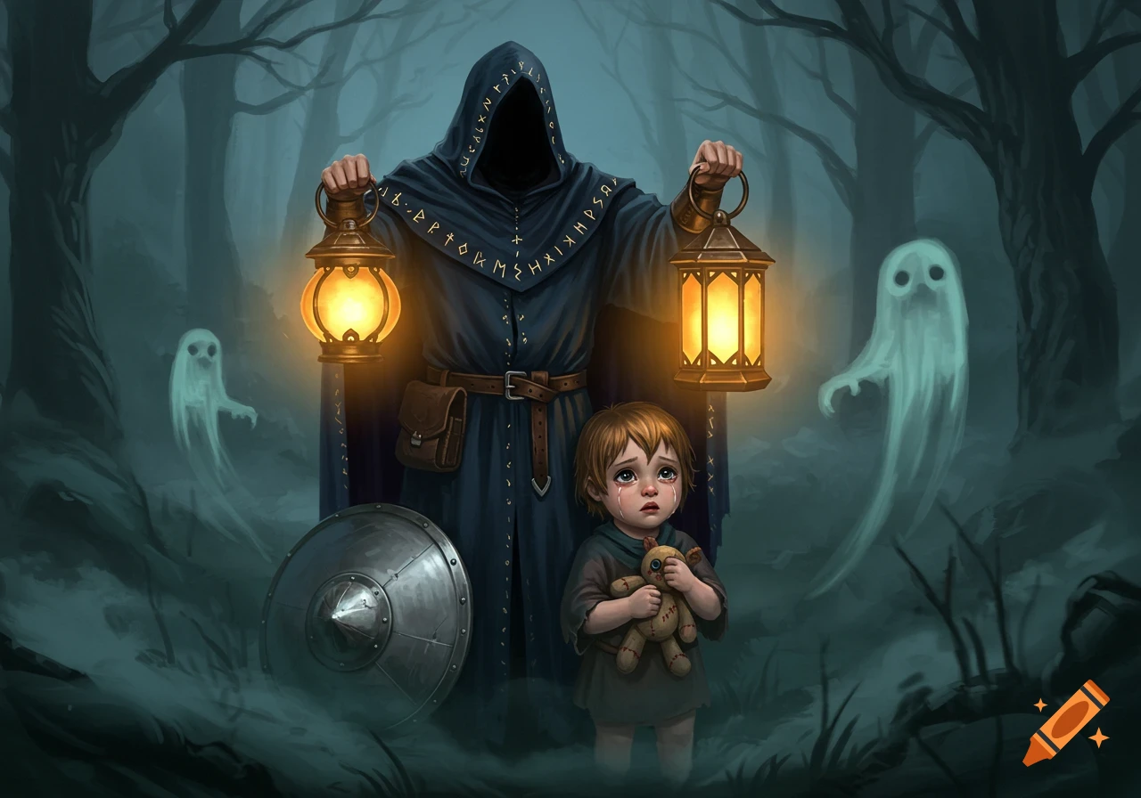 A cloaked figure with a hidden face holds two lanterns, standing over a crying child holding a teddy bear, surrounded by wispy ghosts in a foggy dark forest. Fantasy art.