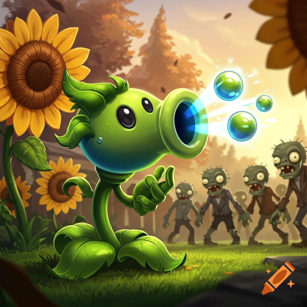A cartoon pea shooter plant fires glowing green projectiles at a group of approaching zombies on a grassy lawn with sunflowers.