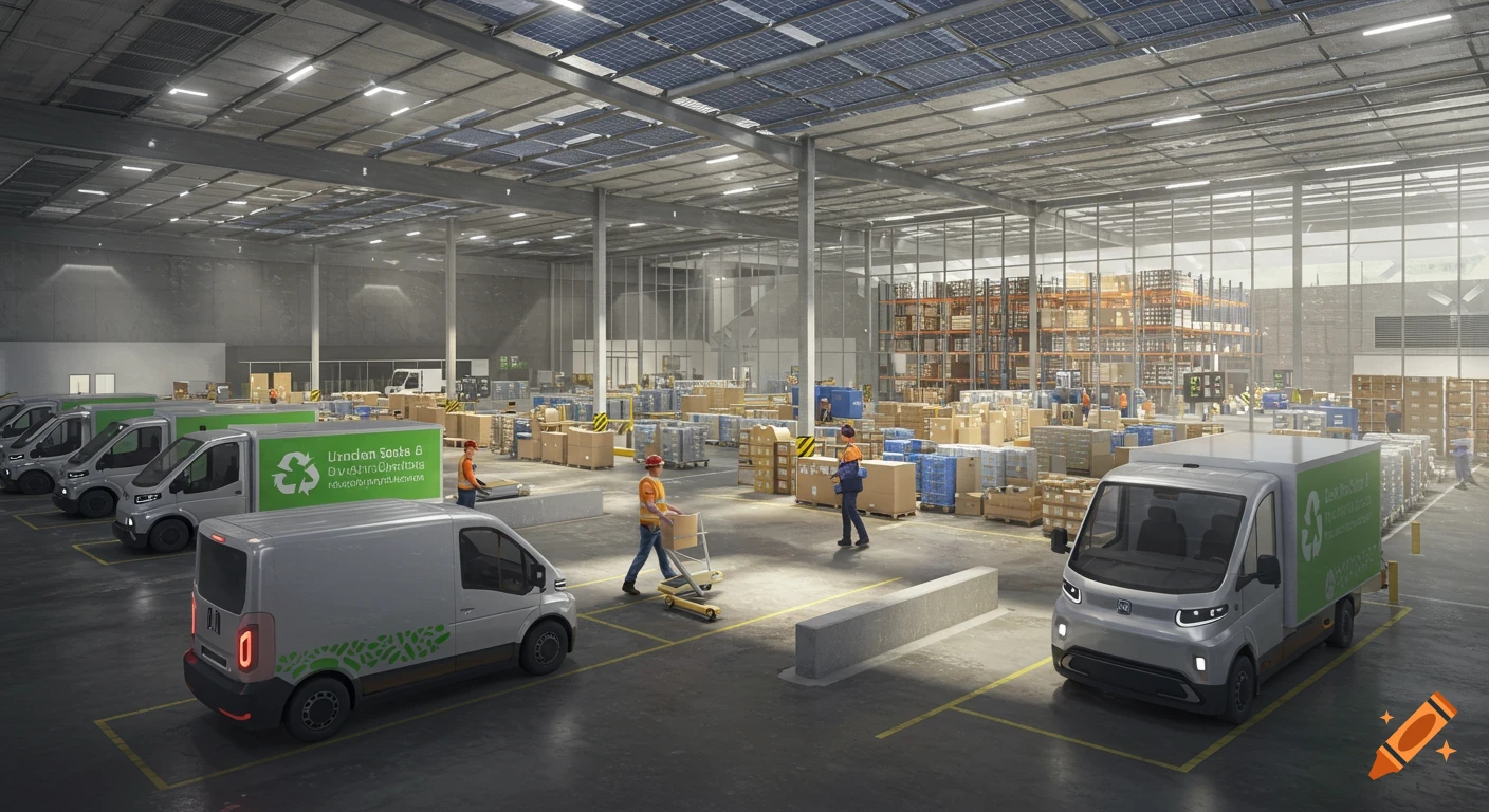 Photorealistic render of a modern, sustainable e-commerce fulfillment center with electric delivery vans, solar panels on the roof, and workers handling packages.