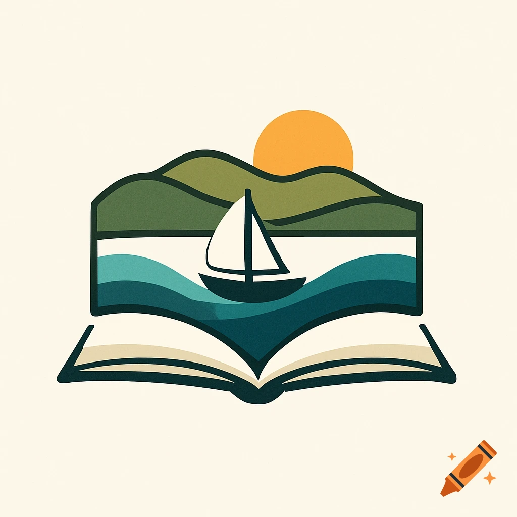 A minimalist logo depicting an open book with a sailboat on blue waves, green mountains, and an orange sun in the background.