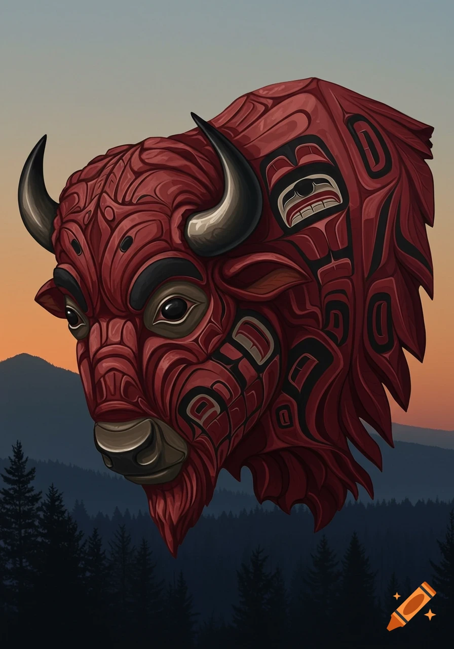 Stylized red and black Haida art of an American Buffalo head, against a sunset sky and forested mountains.
