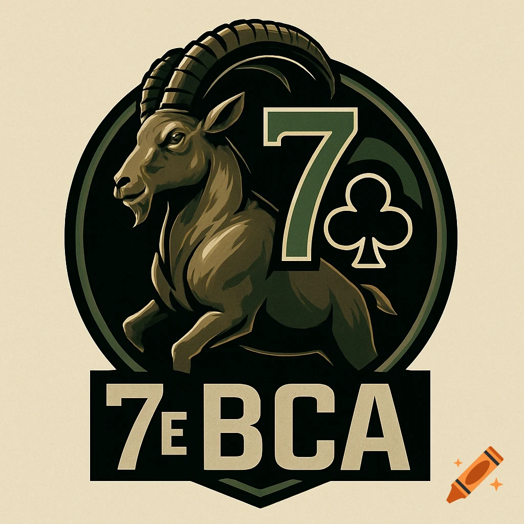 Military style logo with a Pyrenean ibex, a number 7, and a club symbol within a dark green circular emblem, with '7E BCA' text below.