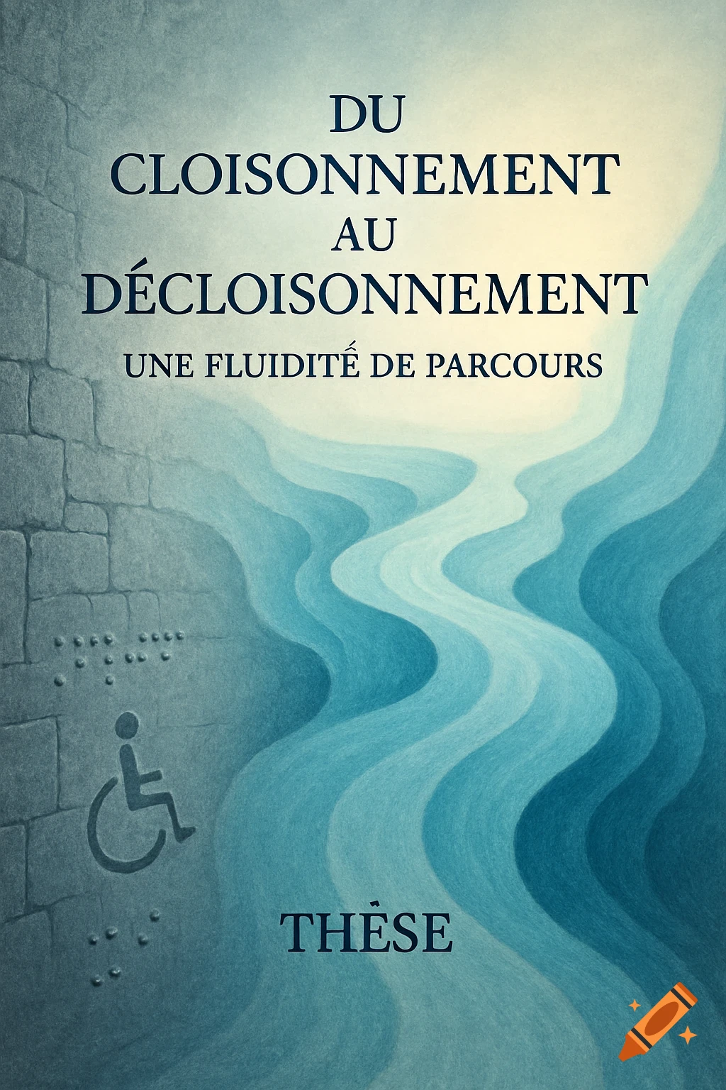A blue and white thesis cover titled 'Du Cloisonnement au Décloisonnement: Une Fluidité de Parcours', featuring a disability symbol and abstract wavy lines.