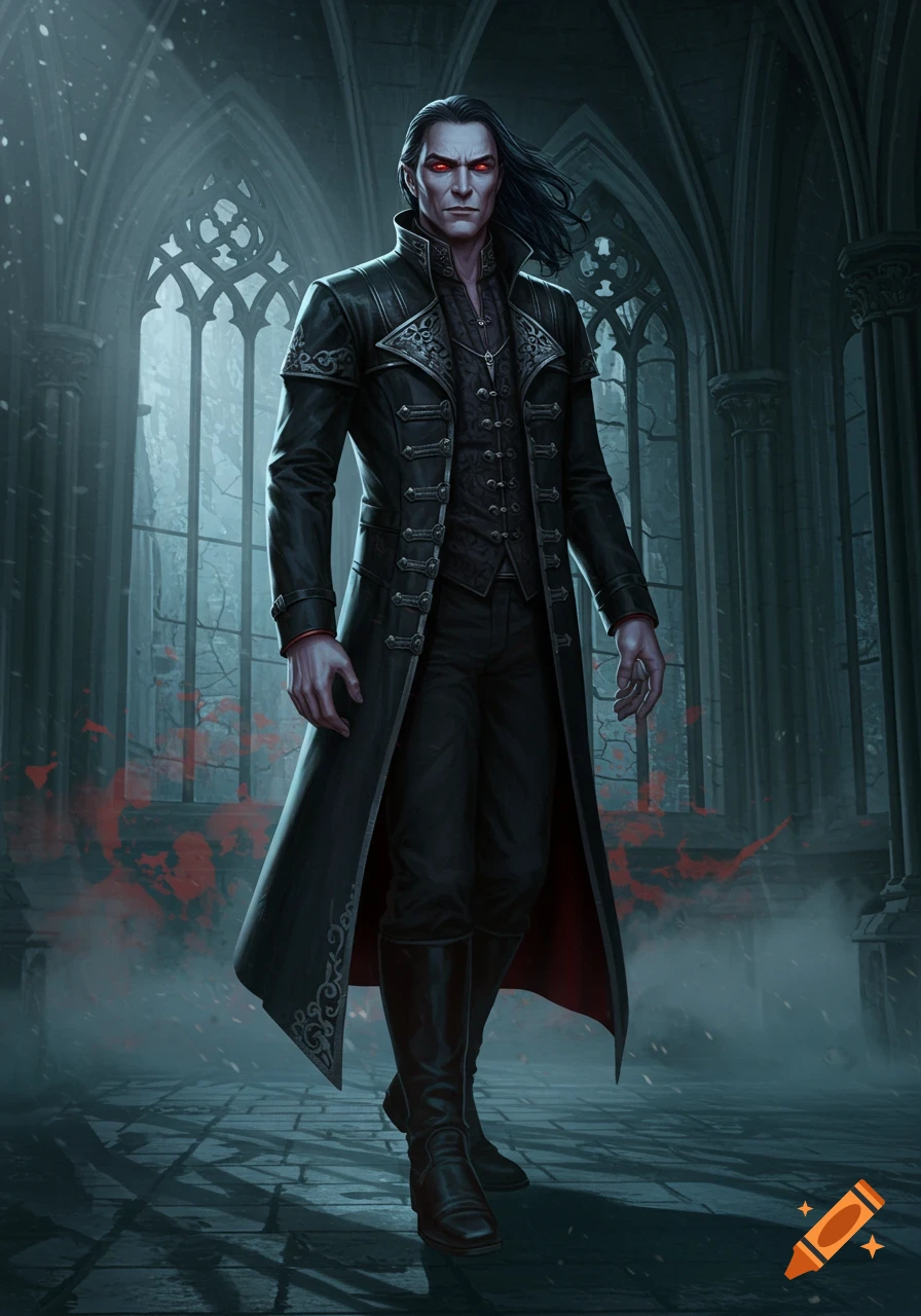 A tall, pale vampire with glowing red eyes and long dark hair, wearing an ornate black gothic coat in a dark cathedral.