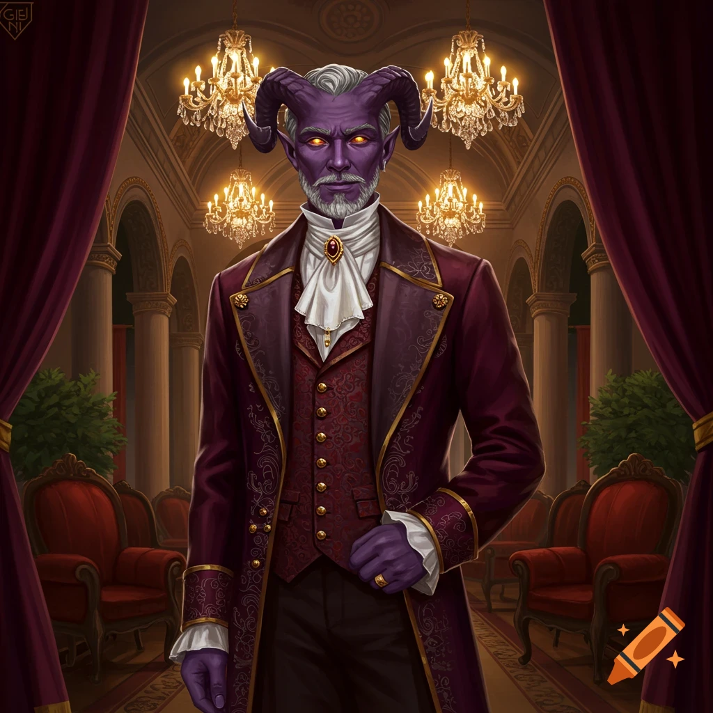 A regal purple-skinned male teifling with horns and a white beard, in a maroon suit, stands in an opulent hall with chandeliers.