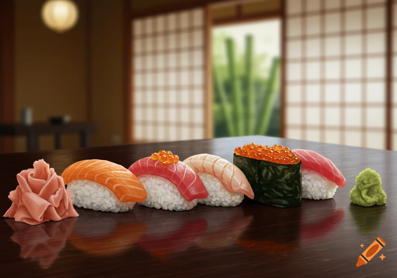A variety of sushi pieces, pickled ginger, and wasabi on a dark wooden table in a softly lit Japanese restaurant.