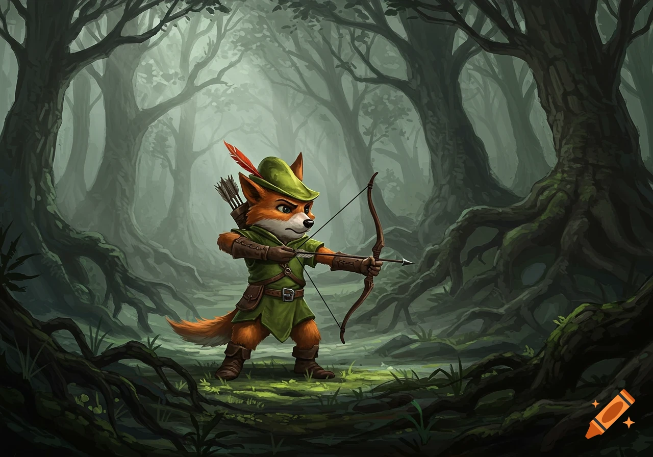 A cartoon anthropomorphic fox dressed as Robin Hood with a bow and arrow in a misty, dark forest.